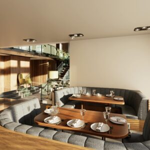 Elegant restaurant interior featuring cozy seating and sleek design elements.